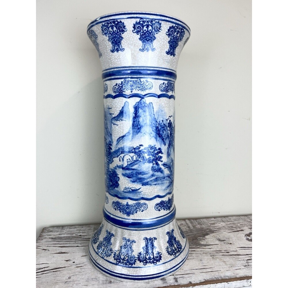 Vintage Mid Century Pedestal Shan Shui Pattern Mountain River Blue White Crazed
